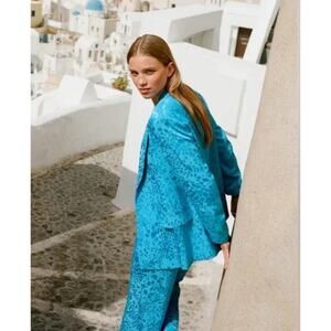 🧿 ZARA Blue Leopard Jacquard Blazer – XS (Oversized, NWT!)